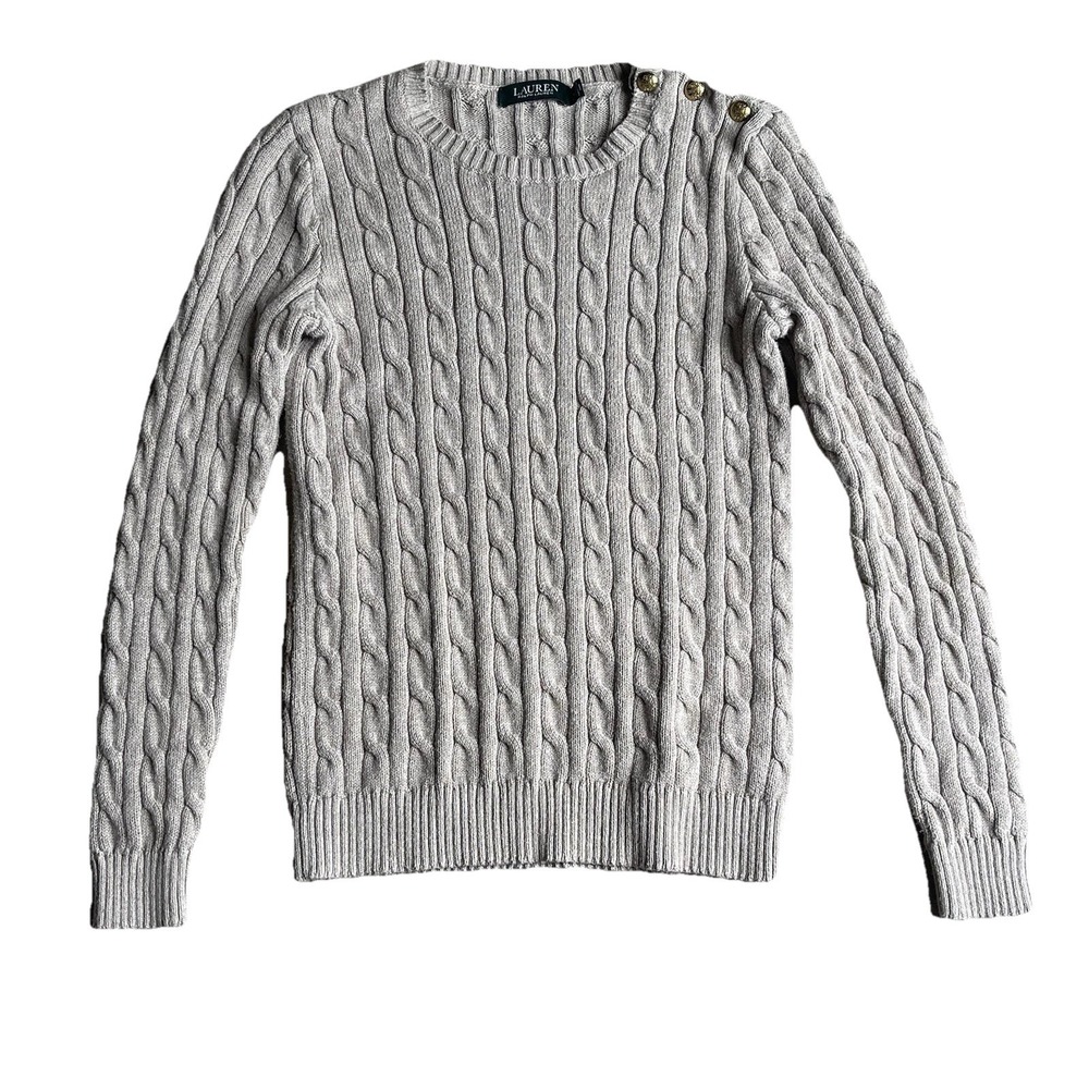 Ralph Lauren Cable Knit Sweater‎ Beige Gold Button Medium Crew Neck Fisherman